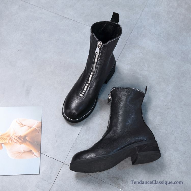 Bottes Noires Cuir Plates Pensée, Bottes Hautes Pour Femmes